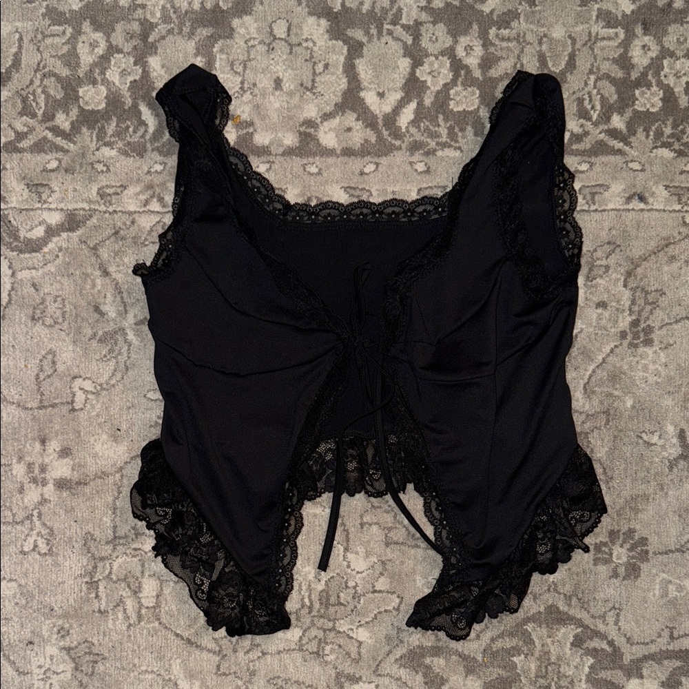 Elegant Black Lace Trim Front Tie Top